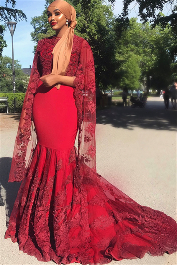 Burgundy Lace Appliques Jewel Neck Long Sleeves Mermaid Prom Dress-newarrivaldress