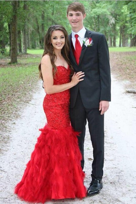 Sexy Red Mermaid Evening Dress 2-16 Sweetheart Beadings Fur Floor Length-newarrivaldress