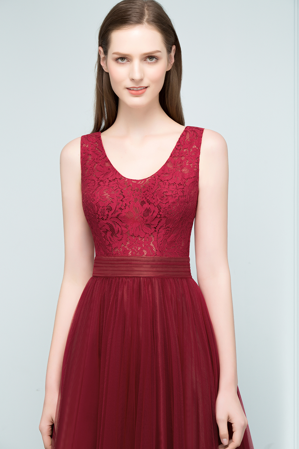 JULIANNA | A-line Scoop Long Sleevless Lace Top Burgundy Tulle Prom Dresses-newarrivaldress