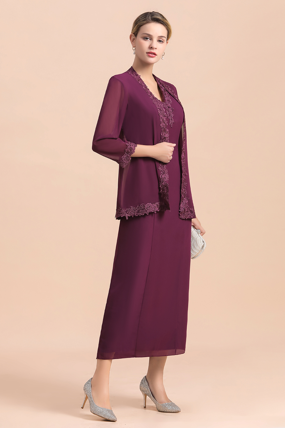 Grape Chiffon 2 Piece Mother of Bride Dress with Wraps Lace Appliques Wedding Guest Suits-newarrivaldress