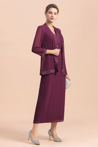 Grape Chiffon 2 Piece Mother of Bride Dress with Wraps Lace Appliques Wedding Guest Suits-newarrivaldress