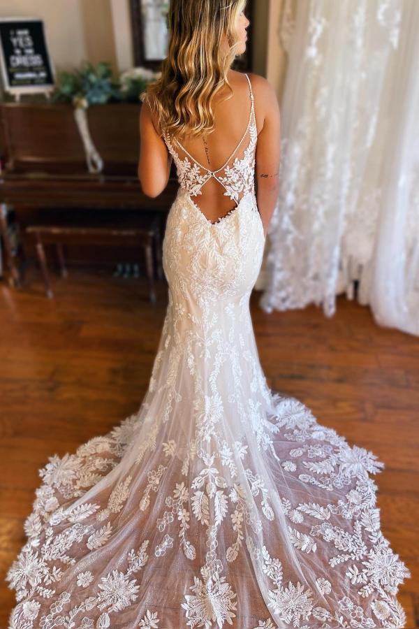 Elegant White Floral Lace Mermaid Wedding Dress V-Neck Bridal Dress-newarrivaldress