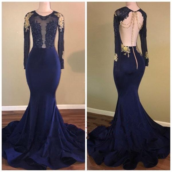 Long Sleeve Sheer Mermaid Gold-Appliques Navy-Blue Long Prom Dresses | Prom Dresses Online-newarrivaldress