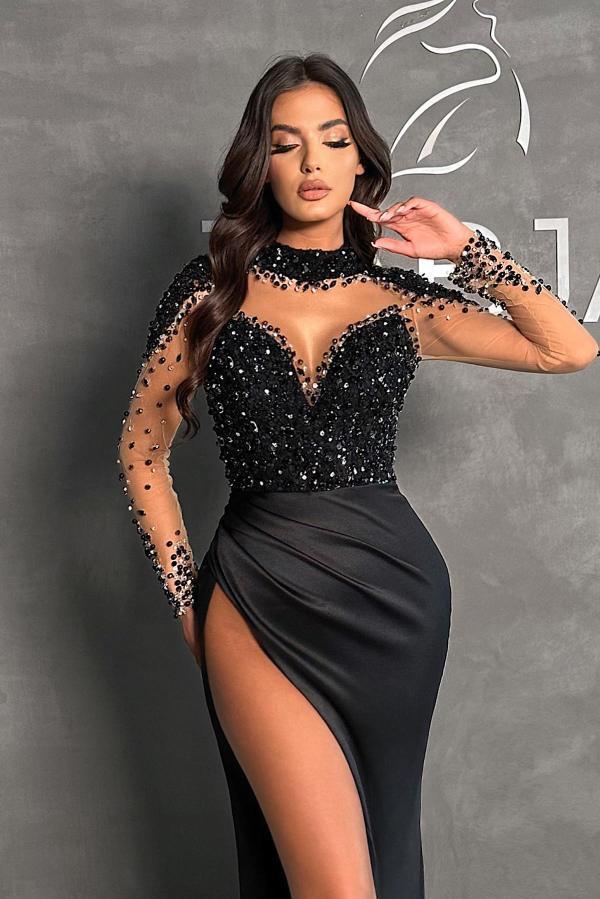 Chic Long Sleeves Black Long Mermaid Prom Dress Beadings High Neck Satin Evening Dress with Side Slit-newarrivaldress