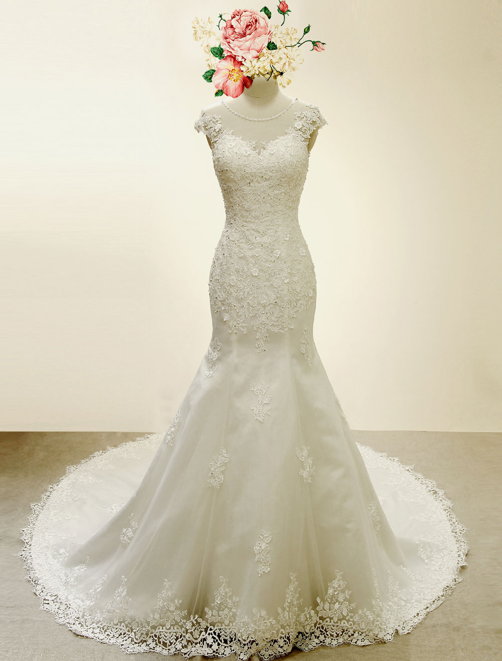High Qulity Lace Mermaid Wedding Dress Illusion Chaple Train Ivory Beading Bridal Gown-newarrivaldress