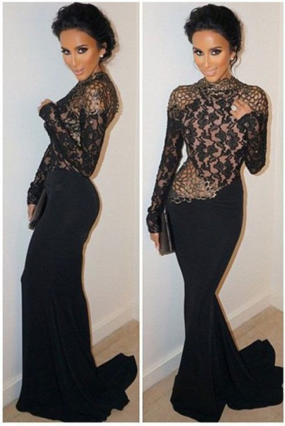 Modest High Neck Long Sleeve Black Mermaid Backless Prom Dress BA9237-newarrivaldress