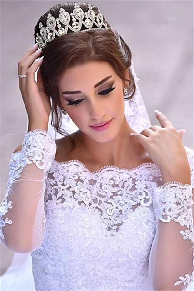 Lace Long Sleeve Wedding Dresses Off-the-shoulder A-line Bridal Gowns-newarrivaldress