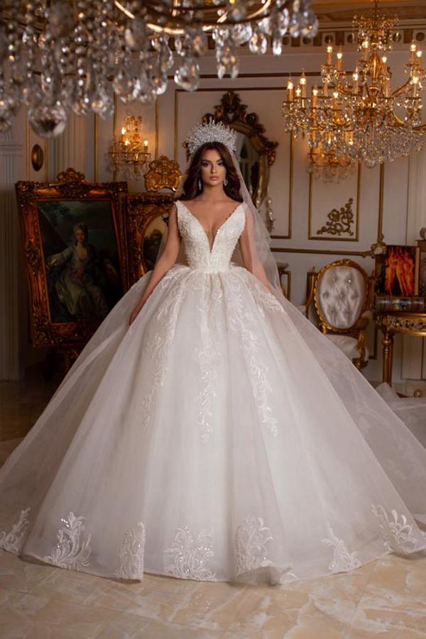 Gorgeous V-Neck White Tulle Aline Wedding Dresses with Lace Appliques-newarrivaldress