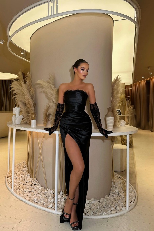 Stunning Strapless Black Ruched Satin Prom Dress Side Slit Long Evening Dress-newarrivaldress