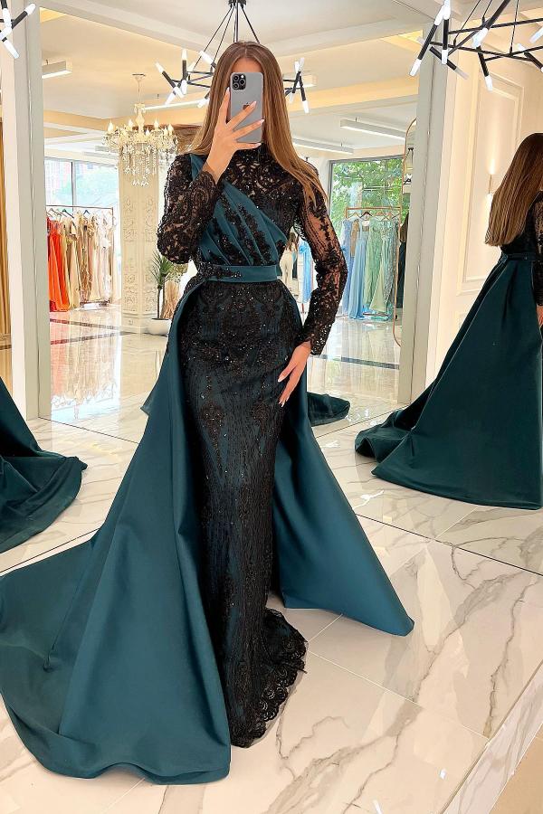 Chic High Neck Long Sleeves Mermaid Prom Dress Black Beadings Appliques Evening Gown with Sweep Train-newarrivaldress