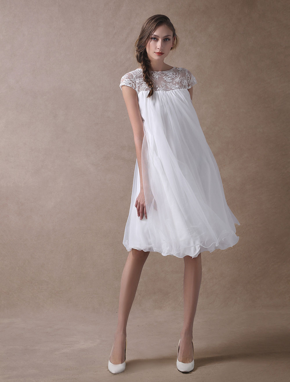 Simple Wedding Dresses Short Empire Waist Lace Tulle Cap Sleeve Pregnant Bridal Dress Exclusive-newarrivaldress