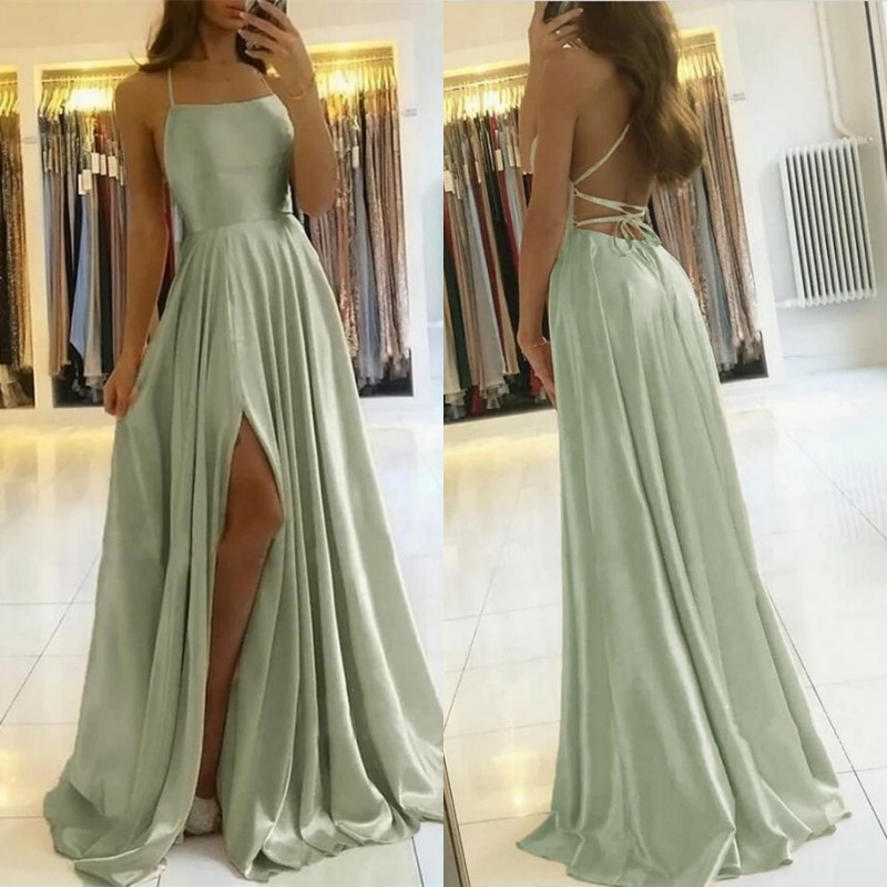 Charming Spaghetti Straps Satin Maxi Evening Dress with Side Slit Sleeveless Gown-newarrivaldress
