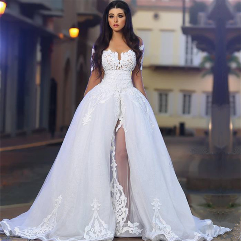 Elegant A-Line Tulle Long Sleeve Lace Appliques White Wedding Dressess BA4426-newarrivaldress