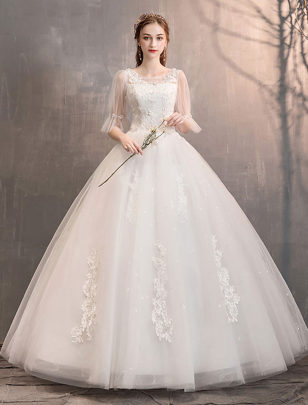 Tulle Wedding Dress Ivory Lace Applique Flower Detail Half Sleeve Princess Bridal Gown-newarrivaldress