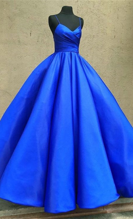 Spaghetti Strap Ball Gown Sleeveless Royal Blue Prom Dresses-newarrivaldress