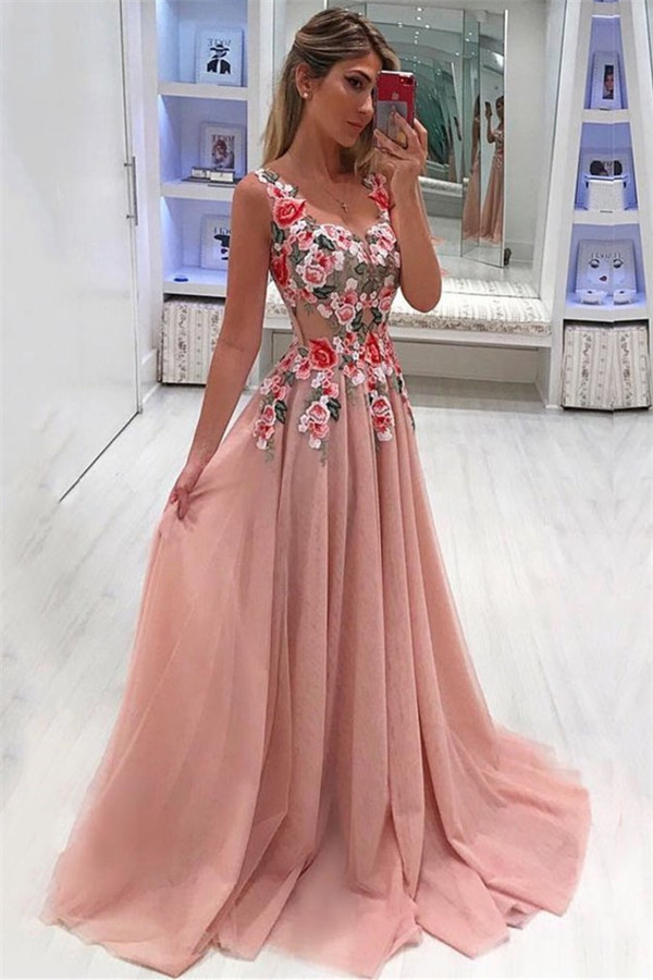 Flower Appliques Straps Simple Prom Dresses | A-Line Sleeveless Evening Dresses-newarrivaldress