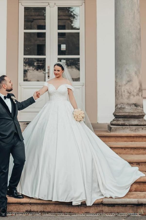 Gorgeous Off Shoulder Satin White A-line Wedding Dressesn with Lace Appliques-newarrivaldress
