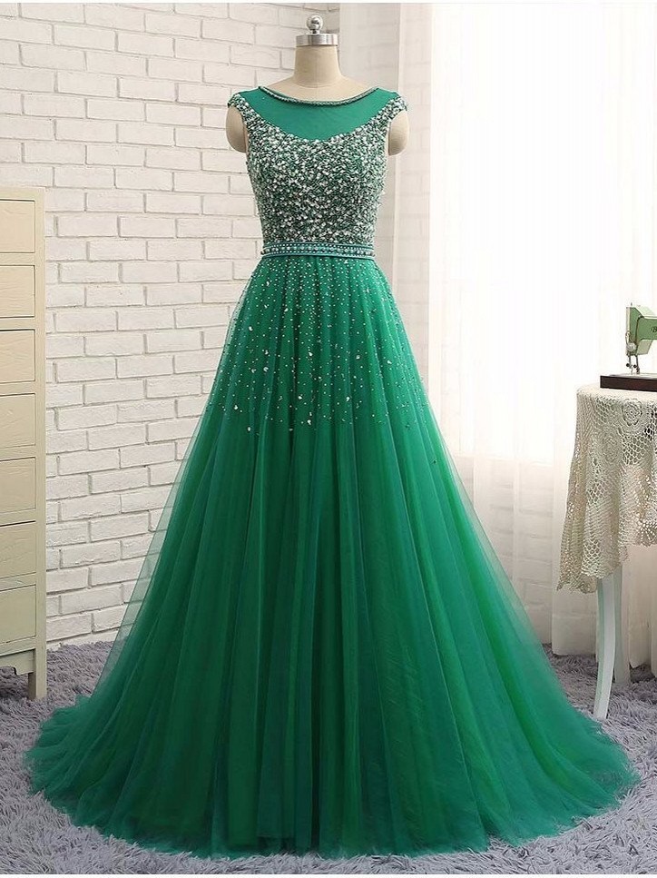 Beaded Custom Made A-line Tulle Brilliant Scoop Sleeveless Green Long Prom Dresses-newarrivaldress