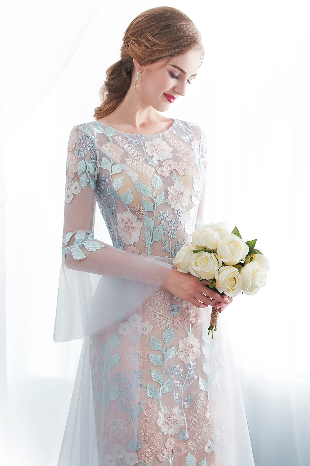 NAOMI | Sheath Long Sleeves Sheer Neckline Appliqued Flowers Evening Dresses-newarrivaldress
