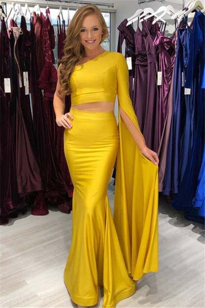 2021 New Yellow Two-Pieces One-Shoulder Mermaid Prom Dress-newarrivaldress