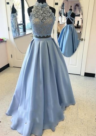 High Neck Two Piece Blue Custom Made A-line Lace Prom Dresses LPL071-newarrivaldress