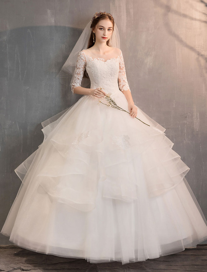 Ivory Wedding Dresses Tulle Illusion Neckline Half Sleeve Floor Length Princess Bridal Gown-newarrivaldress