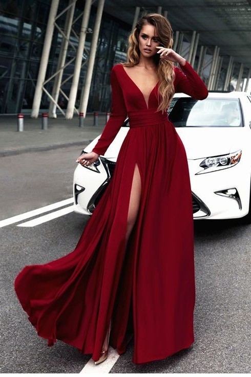 Sexy Red Long Sleeve V-neck Prom Dress | Front Split Evening Gown-newarrivaldress