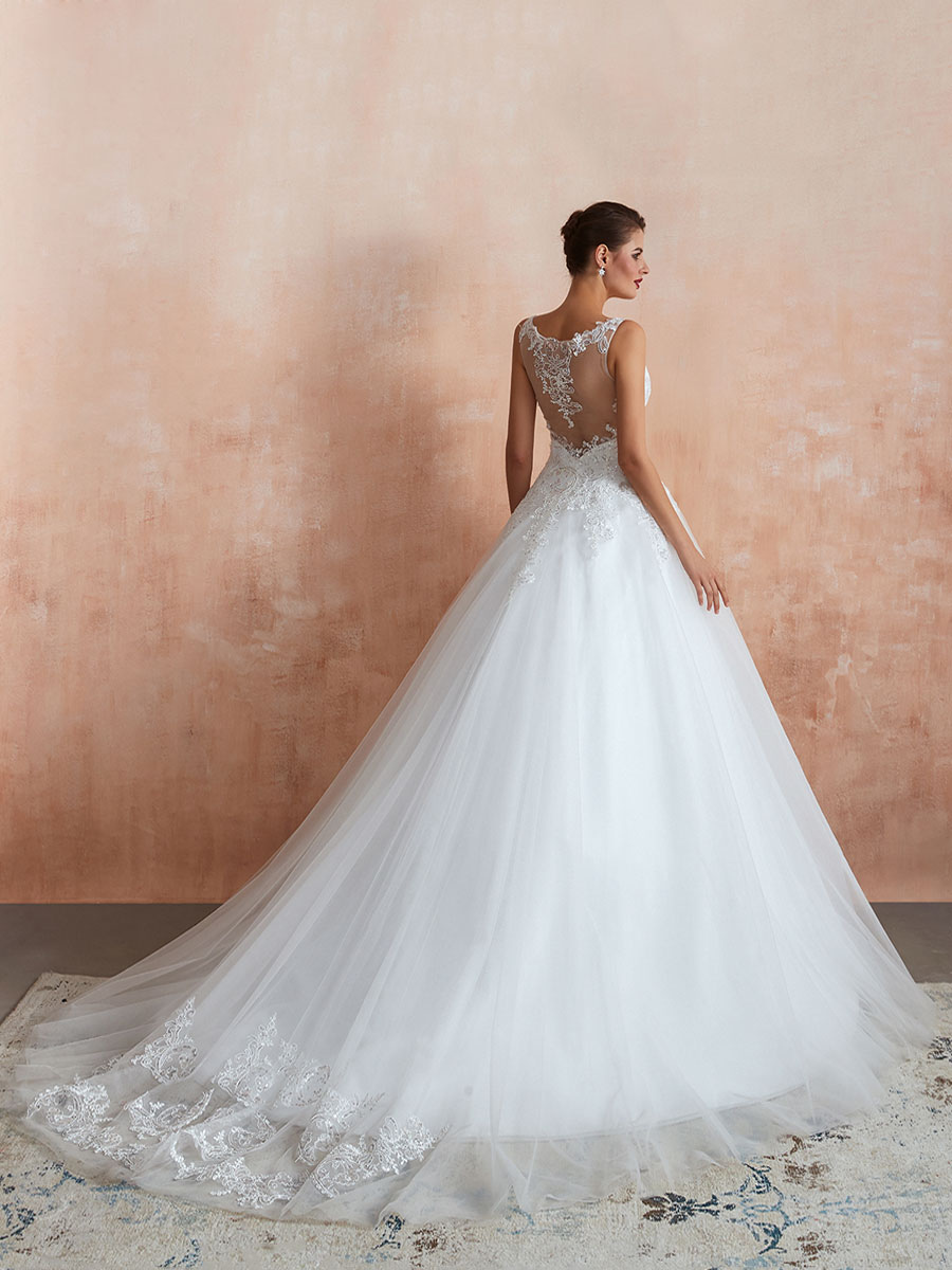 Wedding Dress 2021 V Neck Princess Sleeveless Floor Length Tulle Bridal Gown With Train-newarrivaldress