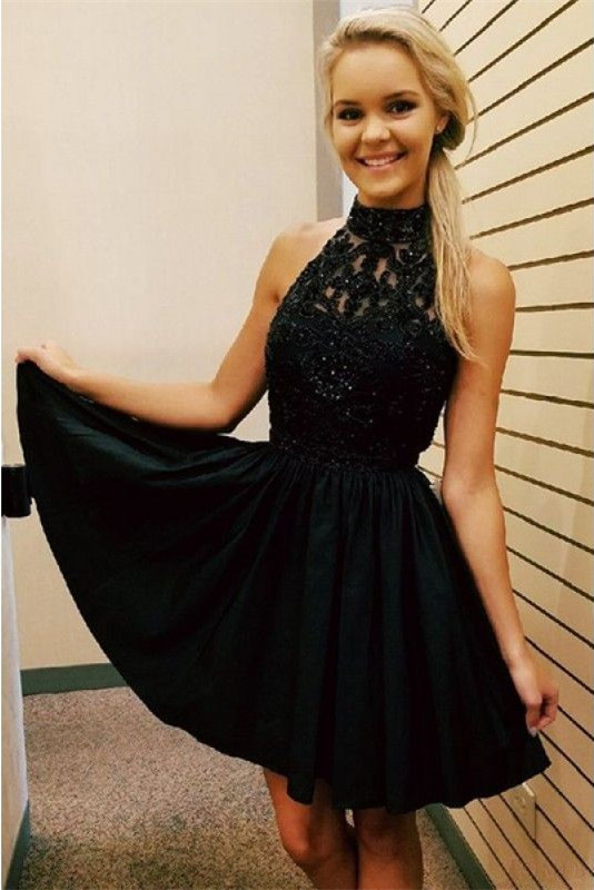Black High Neck Beading Sleeveless A-line Short Homecoming Dress-newarrivaldress