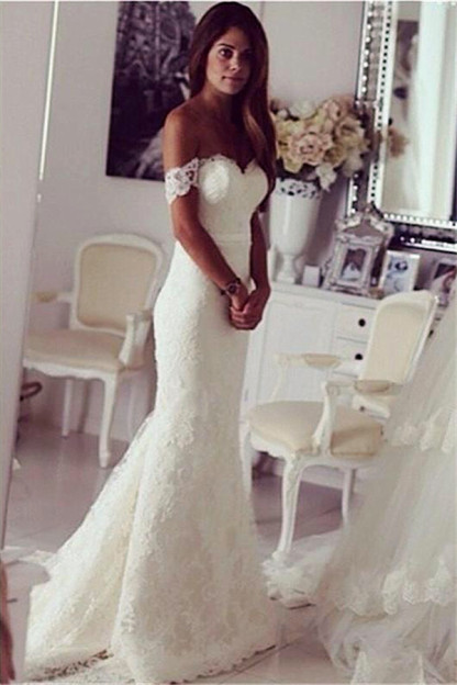 Off The Shoulder Lace Wedding Dresses Simple Beach Bridal Gowns BA3864