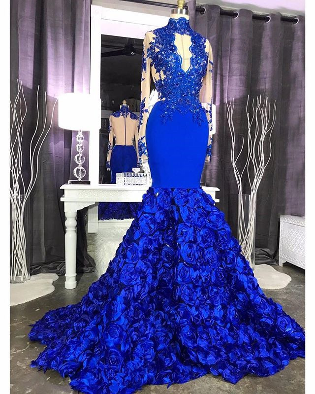 Royal Blue Long Sleeve Mermaid Long Prom Dresses Online | Lace Appliques Formal Evening Gowns-newarrivaldress
