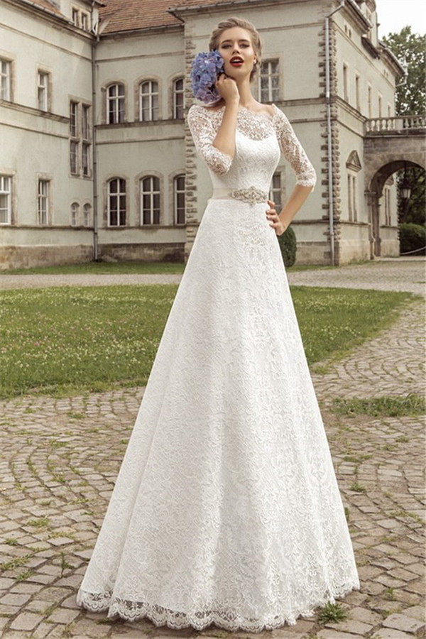 Royal Full Lace Bridal Gowns Half Sleeve A-line Wedding Dress with Crystal Sash VK036-newarrivaldress