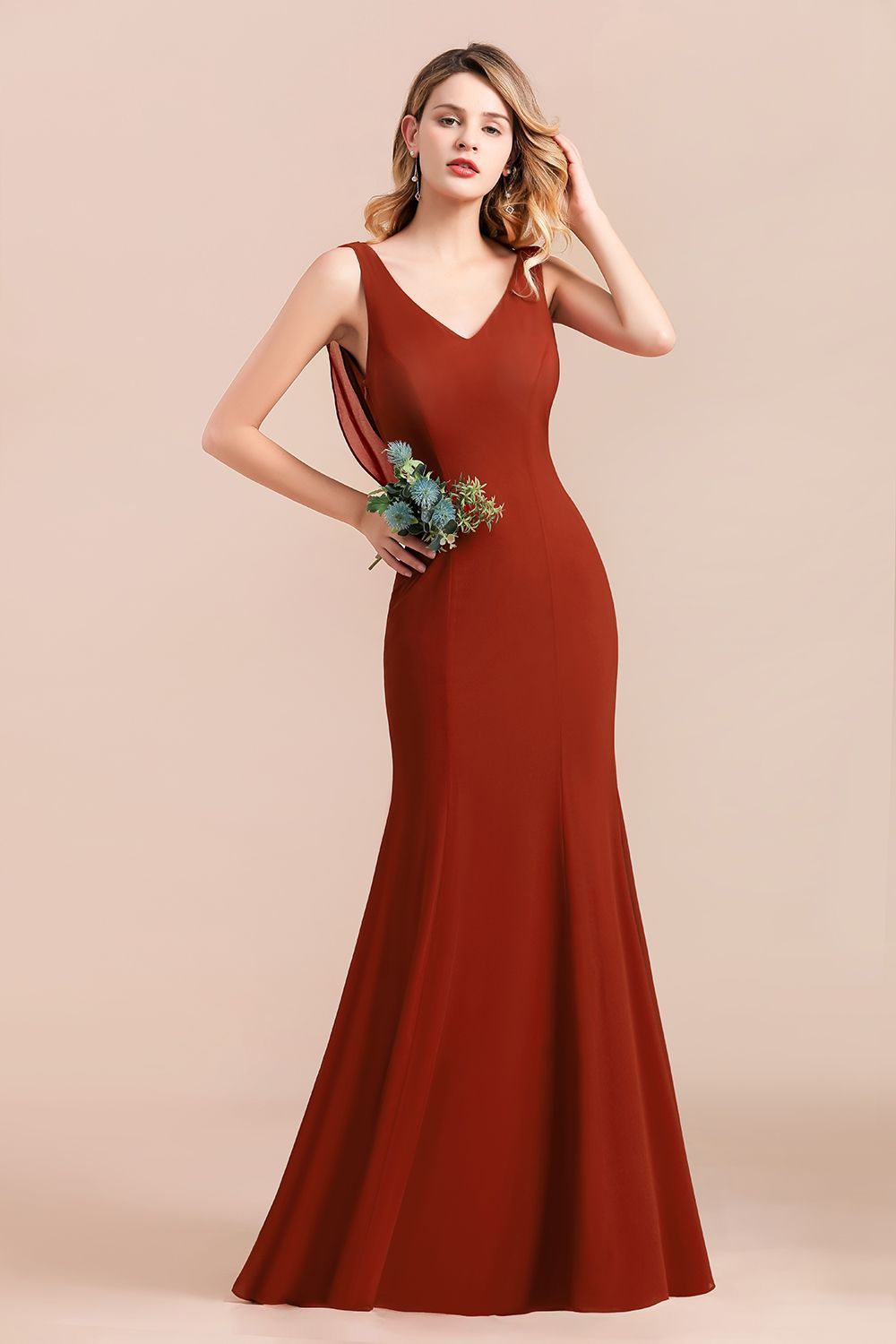 Elegant Cabernet Bridesmaid Dress Sleeveless V-Neck Long Mermaid Wedding Guest Dress-newarrivaldress