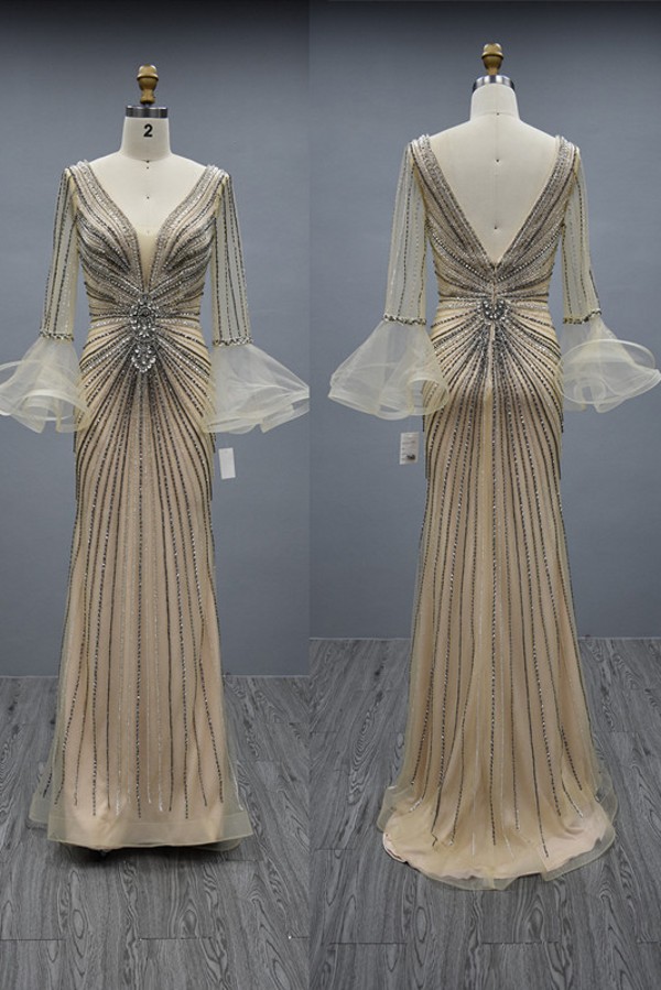 Gorgeous Long Sleeves Glitter Mermaid Evening Dress Double V-Neck Crystals Prom Dress-newarrivaldress