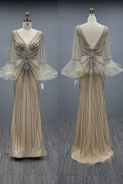 Gorgeous Long Sleeves Glitter Mermaid Evening Dress Double V-Neck Crystals Prom Dress-newarrivaldress