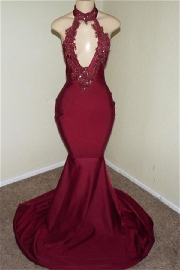 Burgundy Halter Appliques Sleeveless Open Back Mermaid Long Prom Dresses-newarrivaldress
