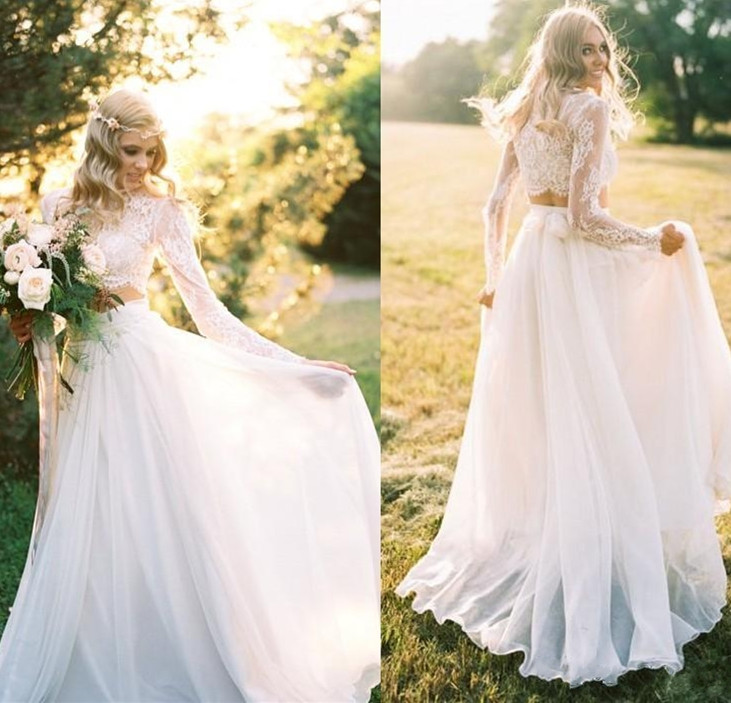 Elegant Two Piece Long Sleeves Chiffon Lace New Arrival A-line Wedding Dresses-newarrivaldress