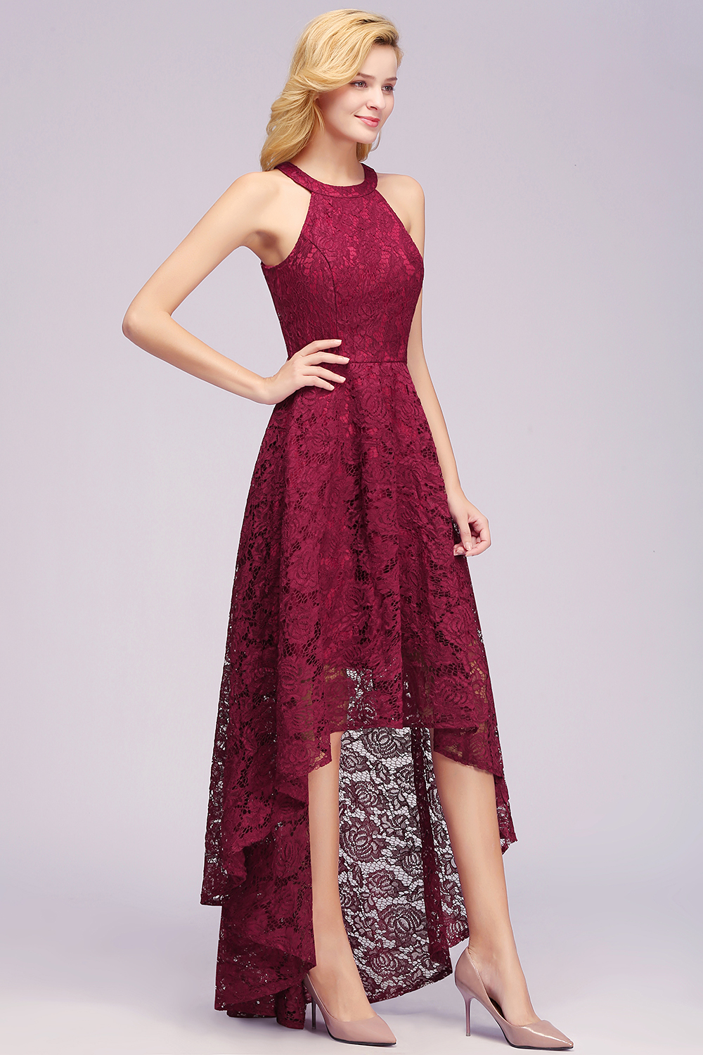 Halter Sleeveless Sheath Asymmetrical Burgundy Lace Dresses-newarrivaldress