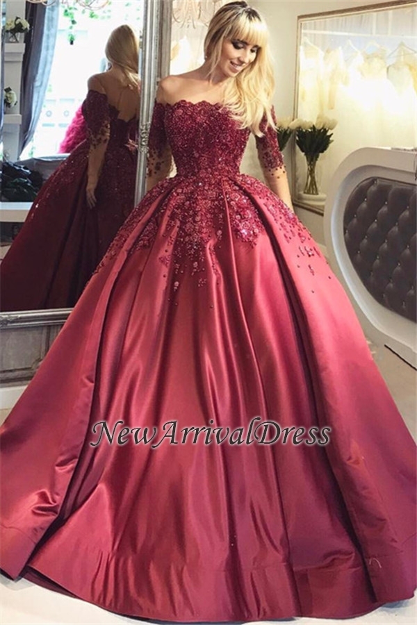 Appliques Long-Sleeves Burgundy Crystal Ball Off-the-Shoulder Prom Dresses-newarrivaldress