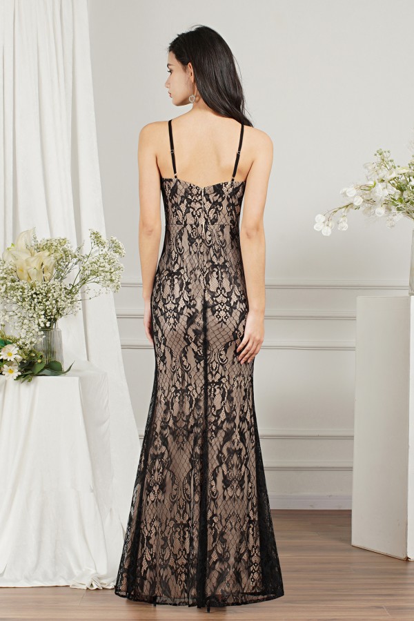 Sleeveless Mermaid Long Party Dress Black Floral Lace Appliques Side Slit Evening Dress-newarrivaldress