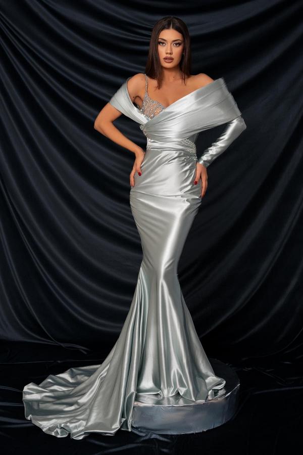 Charming Silver Satin Ruched Cloumn Prom Dress Asymmetrical Sleeves Long Party Dress-newarrivaldress