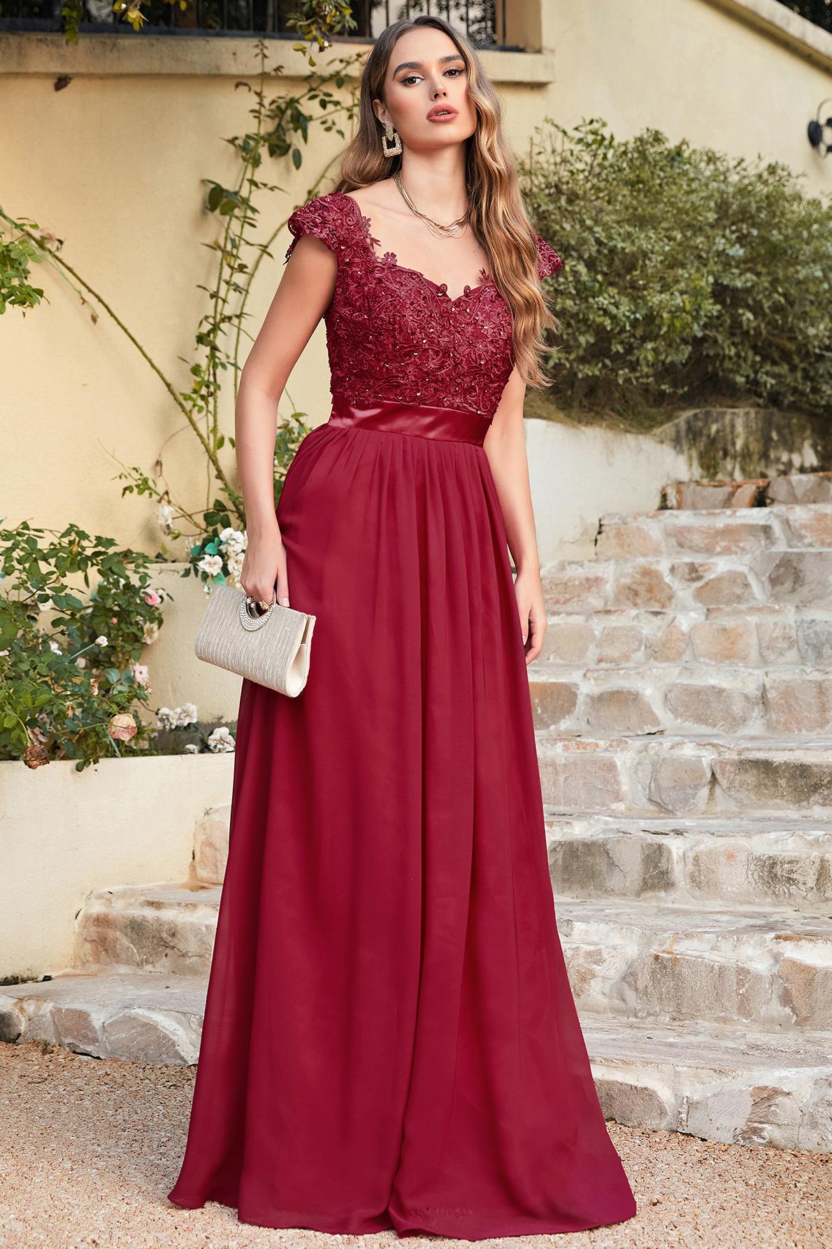 Chic Cap Sleeves Floral Lace Aline Long Evening Dresses Beadings Floor Length Chiffon Bridesmaid Dresses-newarrivaldress