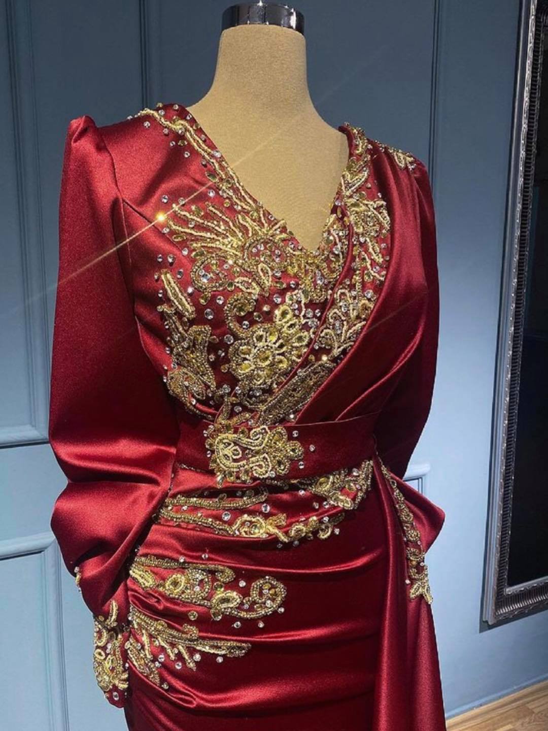Stylish Long Mermaid V-neck Satin Beads Floor length Prom Dress with Sleeves Gold Appliques-newarrivaldress