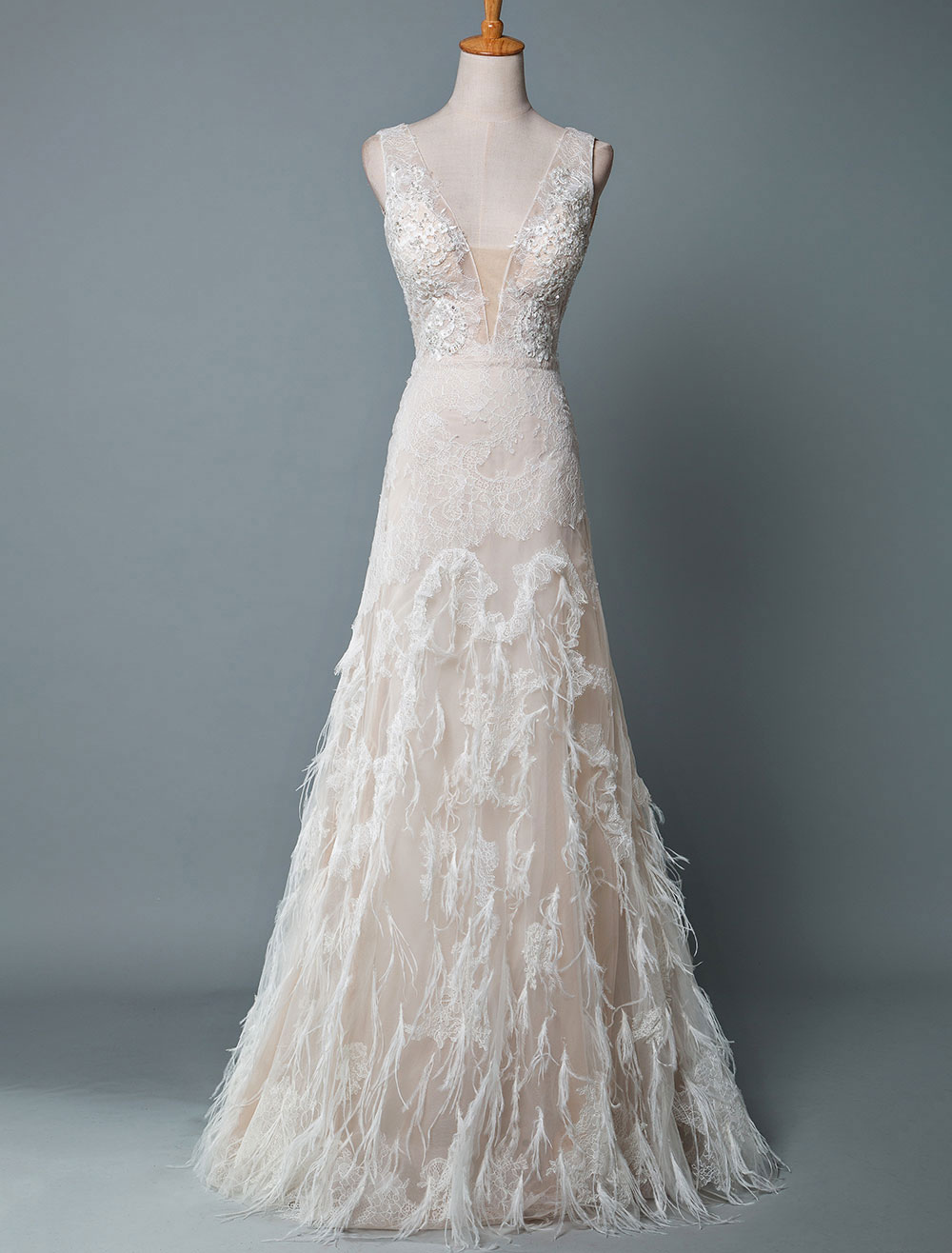 Simple Wedding Dress Lace A Line V Neck Sleeveless Beaded Floor Length Feather Bridal Gowns-newarrivaldress