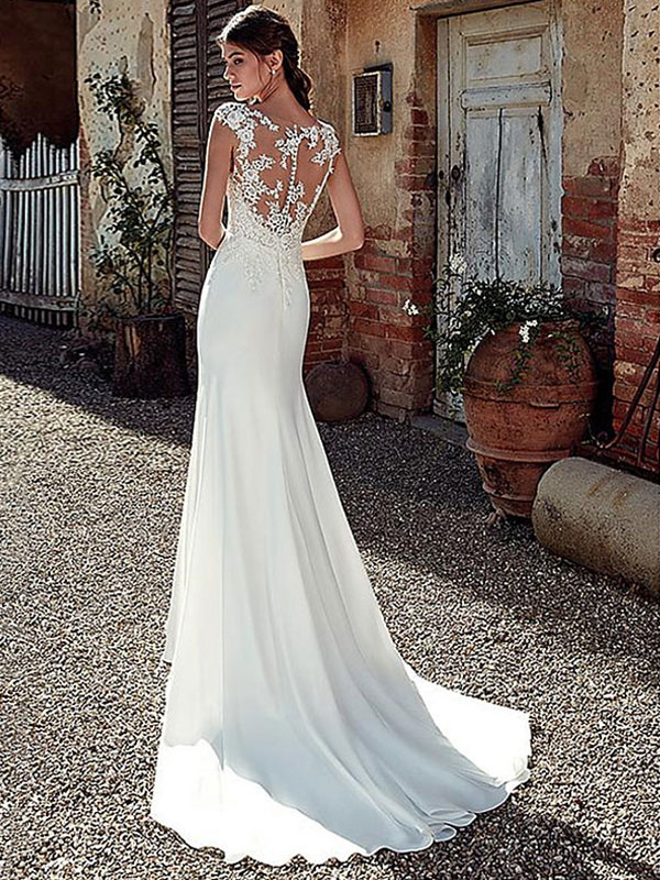 White Simple Wedding Dress White Chiffon Illusion Neckline Sleeveless Court Train Applique Sheath Bridal Gowns-newarrivaldress