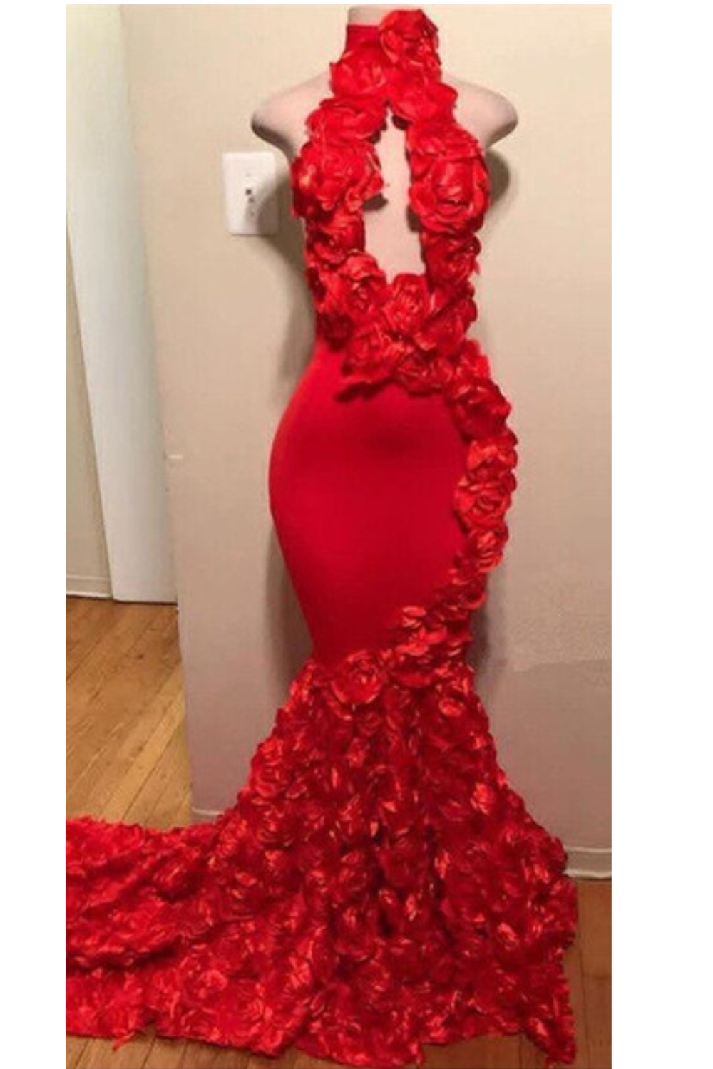 Sexy Flowers Halter Sleeveless Long Prom Dresses | 2021 Red Keyhole Mermaid Evening Gowns-newarrivaldress