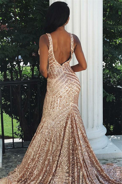 Sexy Straps V-Neck Sequins Sleeveless Mermaid Prom Dresses-newarrivaldress