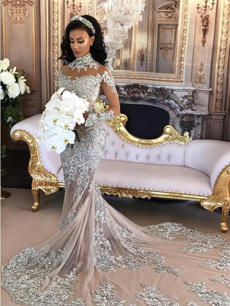 Beautiful Lace Long Sleeve Luxury Silver High Neck Mermaid Wedding Dresses-newarrivaldress