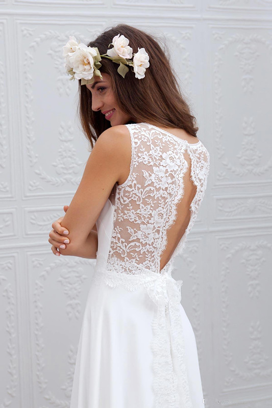 Sleeveless V-Neck Bowknot Chiffon Lace Appliques Simple Summer Beach Wedding Dresses-newarrivaldress