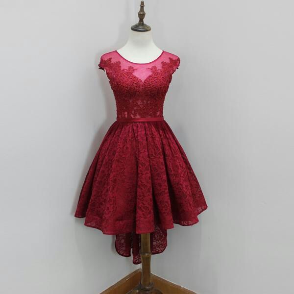 Modest Red Lace Appliques Hi-Lo Cap Sleeve Sexy Short Homecoming Dresses-newarrivaldress